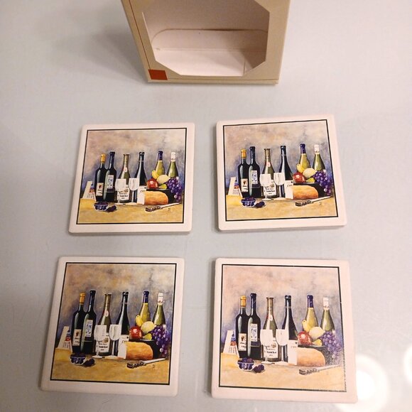 Frank Lloyd Wright Wine Bottles With Fruit And Bread Absorbent Coasters Set of 4 - Picture 2 of 9